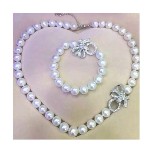 Free shipping Jewelry 9-10mm natural south sea white pearl necklace bracelet micro inlay zircon crystal