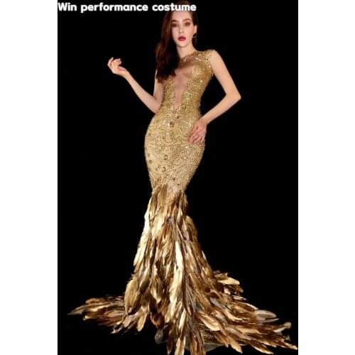Sparkly Rhinestones Gold Feather Dress Sexy Full Stones Long Big Tail Dress Costume Prom Birthday Celebrate Dresses
