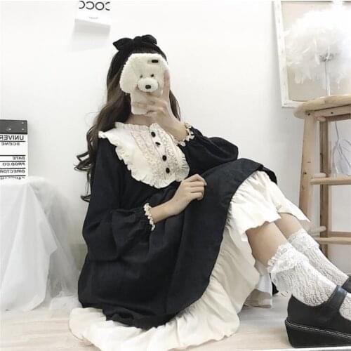 COOLFEL Japanese Style Autumn Women Dresses Vintage O-Neck High Waist Black Ruffles Lolita Dress Kawaii Clothing