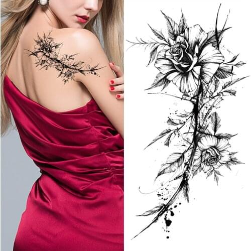 Sketch Sexy Peony Rose Temporary Tattoo Women Girls Water Transfer Tatto Design Fake Tattoo For Woman Waterproof Roses