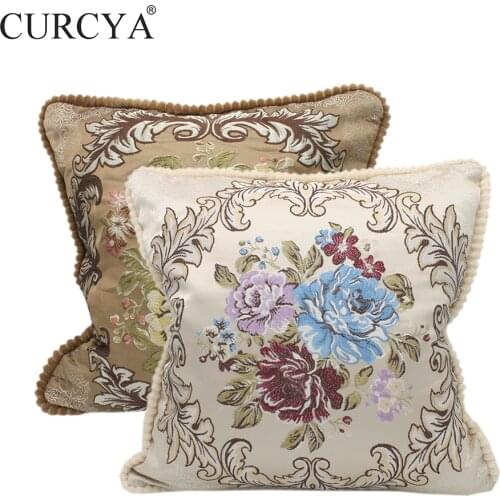 CURCYA European Throw Pillow Cover Decorative Back Cushion Case for Sofa Chair Car Floral Beige Blue Coffee Red Pillowcase
