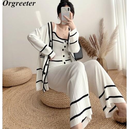 New Striped Contrast Color 3 Piece Set Knitted Single-breasted Cardigan Tops +Sling Vest + Stretch Waist Wide Leg Pants Suits