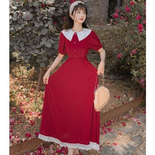 Sweet Women Dress Princess Lolita style Red High waist Lace patchwork Long dress Peter pan collar female dresses 2020 HOT