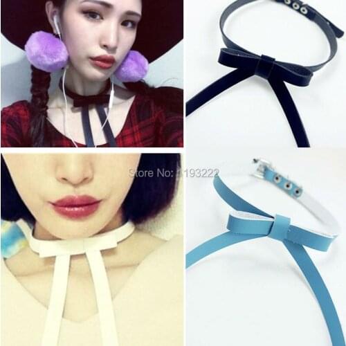 Fashion Harajuku Kawaii Lolita Handmade Long Bow Bowknot Leather Buckle Choker Collar Necklace