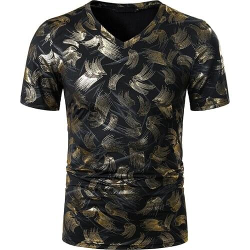 Fashion Short Sleeve V Neck T Shirt Men Hipster Party Nightclub Tee Shirt Homme Streetwear T-shirt Men Bronzing Print Shirts XXL