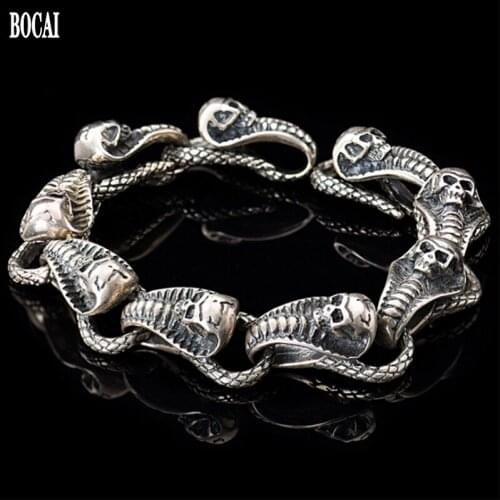 2020 new 100% real solid S925 pure silver fashion accessories Cobra skull silver bracelet for Man Punk Thai Silver Man Bracelet
