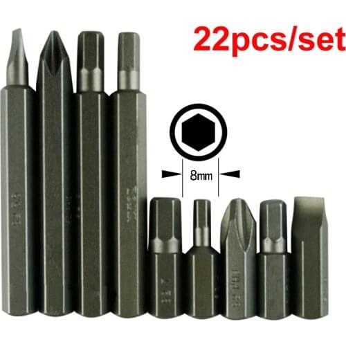 22pcs/set 8mm Hex Heavy Duty Impact precision Slotted Phillips Hexagon Screwdriver Bit Set For Loosen Screws 30mm & 70mm Length
