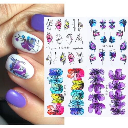 Flower Leaf Vine Stickers For Nails Fashion Purple Flowers Water Sliders Butterfly Geometry Nail Art Decals Set LASTZ888-STZ891