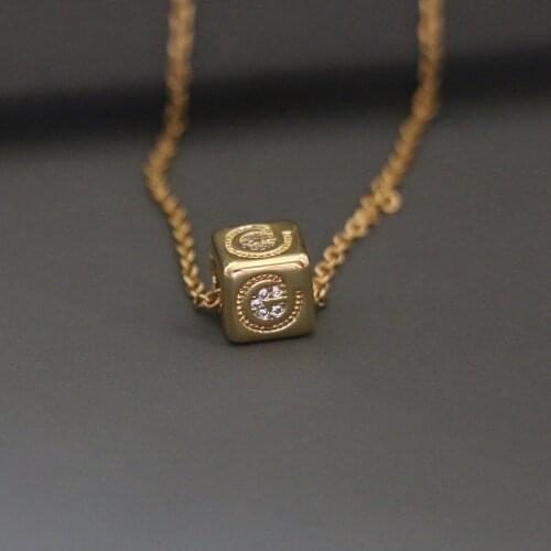 8 MM Square Bead Micro Pave CZ Cute Symbol @ Charm Necklace for Women Trendy Simple Gold Color Steel Chain Clavicle Neck Jewelry