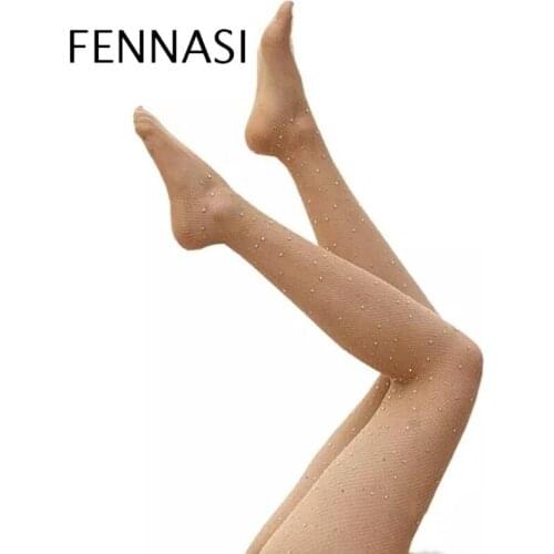 FENNASI Sexy Shiny Fishnet Tights With Rhinestones Nylons Lady Black Tights With Sparkles Rhinestone Fishnet Erotic Mesh tights