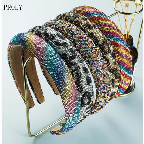 PROLY New Fashion Baroque Headband Rainbow Leopard Rhinestone Hairband Top Quality Turban Party Hair Accessories
