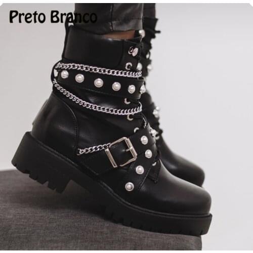 PRETO BRANCO plus Size Short Boots Ins Boots womenboots Female British Rivets Black Handsome Motorcycle Boots GYY