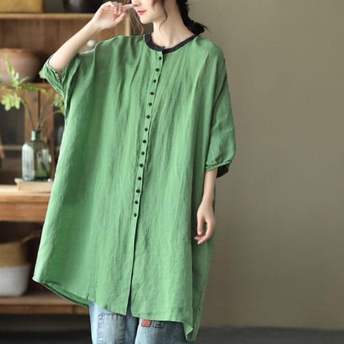 Simple Retro O-neck Cotton Linen Long Shirt Ladies Loose Single-breasted Bat Sleeve Short Sleeve Summer Dress Femme Robe aq772