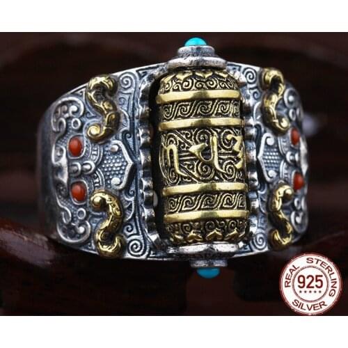Handcrafted 925 Silver Tibetan Prayer Wheel Ring Buddhist OM Mani Padme Hum Ring Good Luck Turning Man Ring Resizable Jewelry