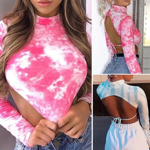 WomenS Tie Dye Backless Bandage Crop Tops Girl Chic Sexy Turtleneck Long Sleeve Streetwear