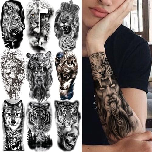 Monster Tiger Temporary Tattoos For Men Women Kids Boy Cross Lion Fake Wolf Tatoo Sticker Death Skull Black Forest Tattoos Crown