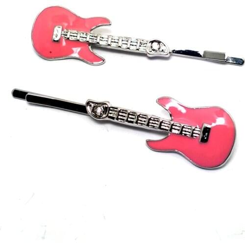Crystal Guitar Hair Clips Fashion Metal Pink Enamel Musical Instruments Charm Headpiece Ornament Jewelry Accessory 1Pair in New
