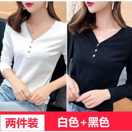 Spring Long Sleeve V-neck T-shirt Womens White Black Long Johns Top Top Woman Tshirts Tops Mujer Camisetas
