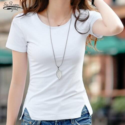 Summer New Womens Round Neck Women T-shirt Women Plus Size Women Shirts Casual Solid Color Cotton Short Sleeve Shirt 2618 50