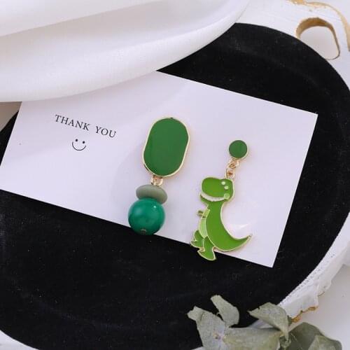 Cool Green Dinosaur Earrings Cartoon Asymmetrical Girl Cute All-match Fashion Earrings Female Jewelry 2021