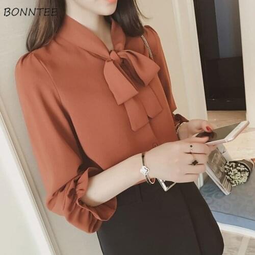Shirts Women Solid Bow Single Breasted Chiffon Lovely Womens All-match Loose Trendy Female Korean Style Leisure Sweet Large Size