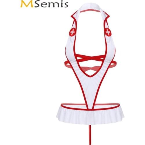 Women Erotic Cosplay Uniform Lingerie Set Lace-up Backless Open Crotch Bodysuit with Headband Clubwear Naughty Role Play Costume