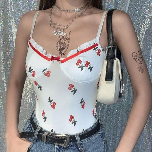 Women Sling Bodysuit Cute Cherry Fruits Printed Ruffles Leotard Sexy V-Neck Hollow Backless Clubwear High Quality and Brand New