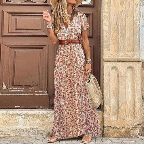 2021 Summer V-neck Short Sleeve Boho Maxi Dress Women Retro Floral Print High Waist Beach Ladies Chiffon Long Dresses with Belt
