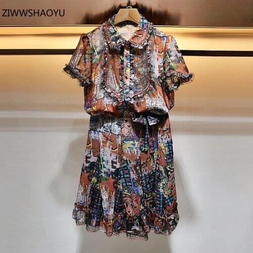 ZIWWSHAOYU Summer Fashion Women Retro Knee-Length Skirt Suit Lapel Frills Shirts + Bow Patchwork Printing Half Skirt 2-Piece Set