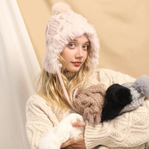 2020 New Ear Flap Cap Winter Hat Womens Hat Warm Kitted Hat with Rabbit Fur cap Trapper Cap With Pom Pom Bomber Hats