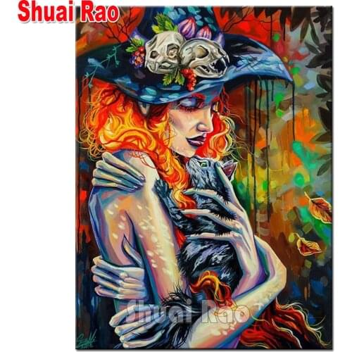 5d Diamond painting Witch Woman cat diy full square drill diamond embroidery mosaic Picture Of rhinestone Fantasy Girl Art Home