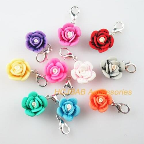 Fashion 10Pcs Mixed Fimo Clay Flower Charms Silver Plated With Clasps 15mm
