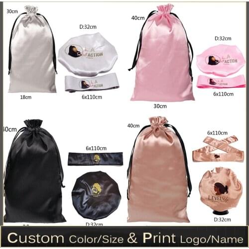 HDEBAG Custom Logo Silk Satin Drawstring Packaging Bags Headband Shower Cap For Hair Wigs Wrap Grip Band Laying Scaf Wrapping
