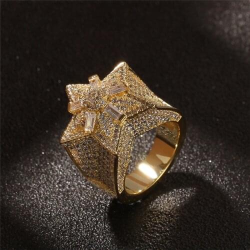 Hip Hop Bling Mens Rings New Arrival 2 Colors Iced Out Five-Pointed Star Micro Pave Zircon Rings for Men Women Gifts