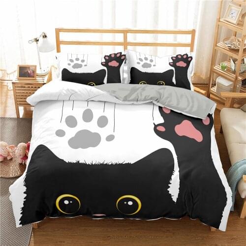 Kawaii Black Cat Bedding Set Cartoon Modern 3D Print Comforter Luxury Queen King Single Size Duvet Cover Set Home Textile Decor