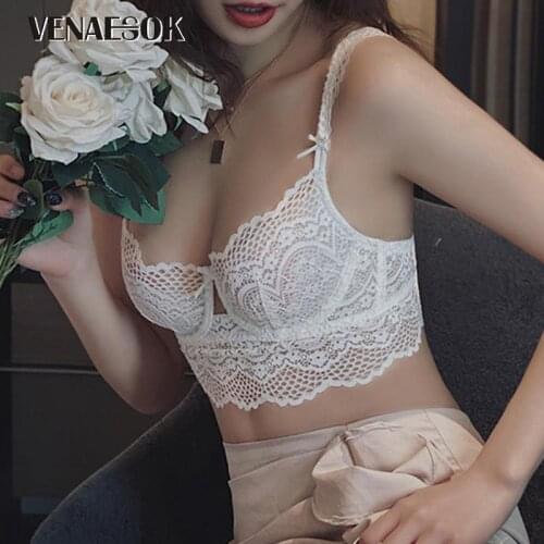 Sexy Bra Panties Set Transparent Hollow Out Lace Brassiere 3/4 Cup Ultrathin Underwear Set Plus Size white Bras Women Lingerie