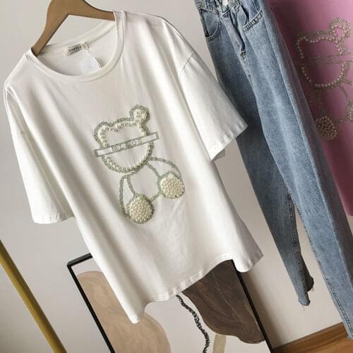 Heavy Industry Hot Drilling and Beading Short-sleeved T-shirt Female Bear 2021 New Half-sleeved Design Sense Niche Summer