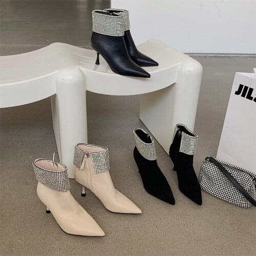 2021 Autumn New Rhinestone Pointed High Heels Womens Short Boots Female Stiletto Fashion Ankle Boots Winter Skinny Boots