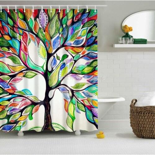 Cartoon Big Colorful Tree Design Custom Shower Curtain Bathroom Waterproof Mildewproof Polyester Fabric With 12 Hooks Multi-Size