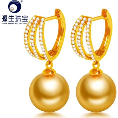 YS 9-10mm Natural Saltwater South Sea Pearl 18K Solid Yellow Gold Drop Earrings Fine Jewelry For Women