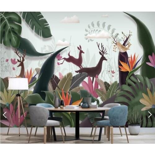 Nordic ELK Deer Tropical Banana Leaves Wallpaper Wall Mural for Living Room TV Backdrop Wall Papers Wall Decor Flower Murals