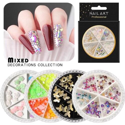 Mixed Colors AB Crystal Nail Rhinestone 3D Butterfly Resin Rose Flower Ornaments Natural Shell Flakes Metal Nail Art Decorations