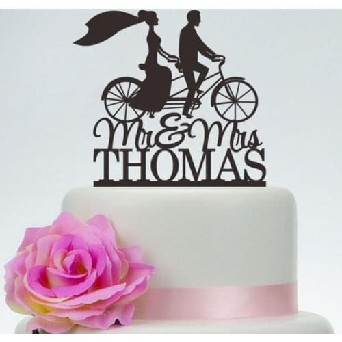 Mr And Mrs Cake Topper With Last Name,Bride And Groom On Bike Silhouette,Custom Cake Topper,Bicycle Cake Topper