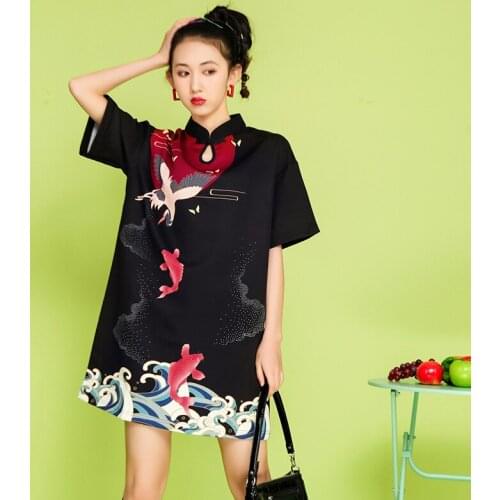 Traditional Chinese Hanfu Qi Pao Women Retro Cheongsam Girl Japanese Harajuku Style Vintage Carp Crane Printed Party Qipao Dress