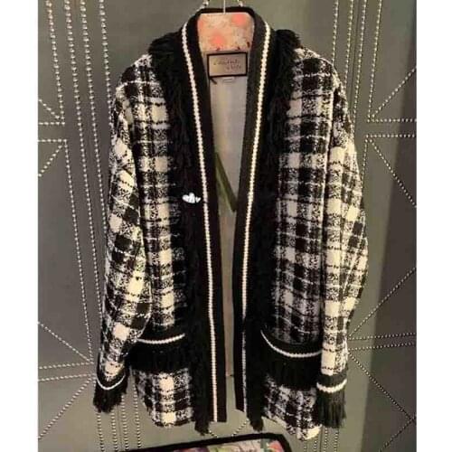 Plaid Women Jacket Wool Tweed Coat V-neck Black And White Check Lady Top Tassel Edge Jacket Ladies Outwear Fashion