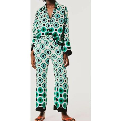 Vintage Geometric Print Pants Set Women Streetwear Casual Youth Suit Summer Hawaii Beach Blouse Lace-up Trousers 2 Piece Sets