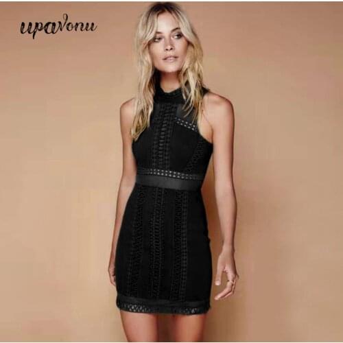 2020 Summer Womens Bandage Dress Sleeveless Black Heavy Industry Embroidery Elegant Mini Dress Bodycon Club Party Dress Vestido