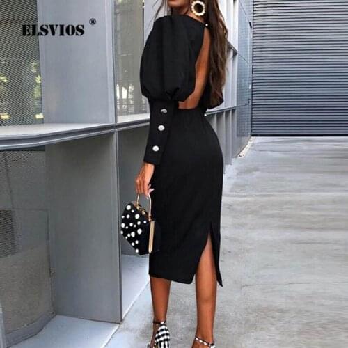 ELSVIOS Women Sexy Hollow out Long Sleeve Dress Lady Button Puff Sleeve Backless Slit Dress Autumn Elegant Party Dress Vestidos