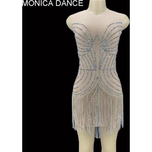 Women Sexy See Through Mesh Silver Rhinestone Chain Fringes Dress Transparent Prom Outfit Evening Birthday Celebrate Costume