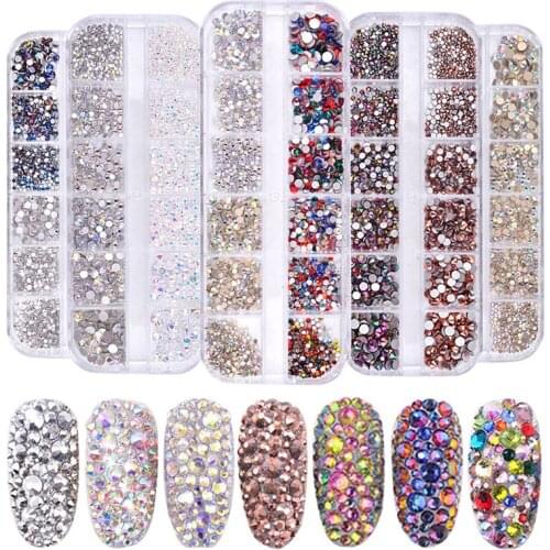 12 Boxes / Set of AB Crystal Rhinestone Diamond Gem 3D Glitter Nail Art Decoration for Nails Accessories